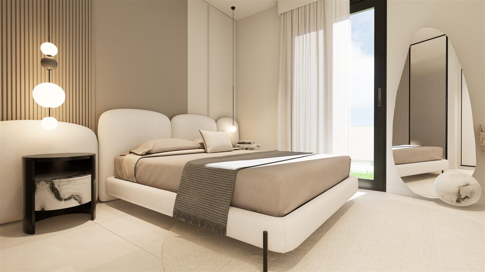 Schlafzimmer mit Doppelbett und Gartenblick