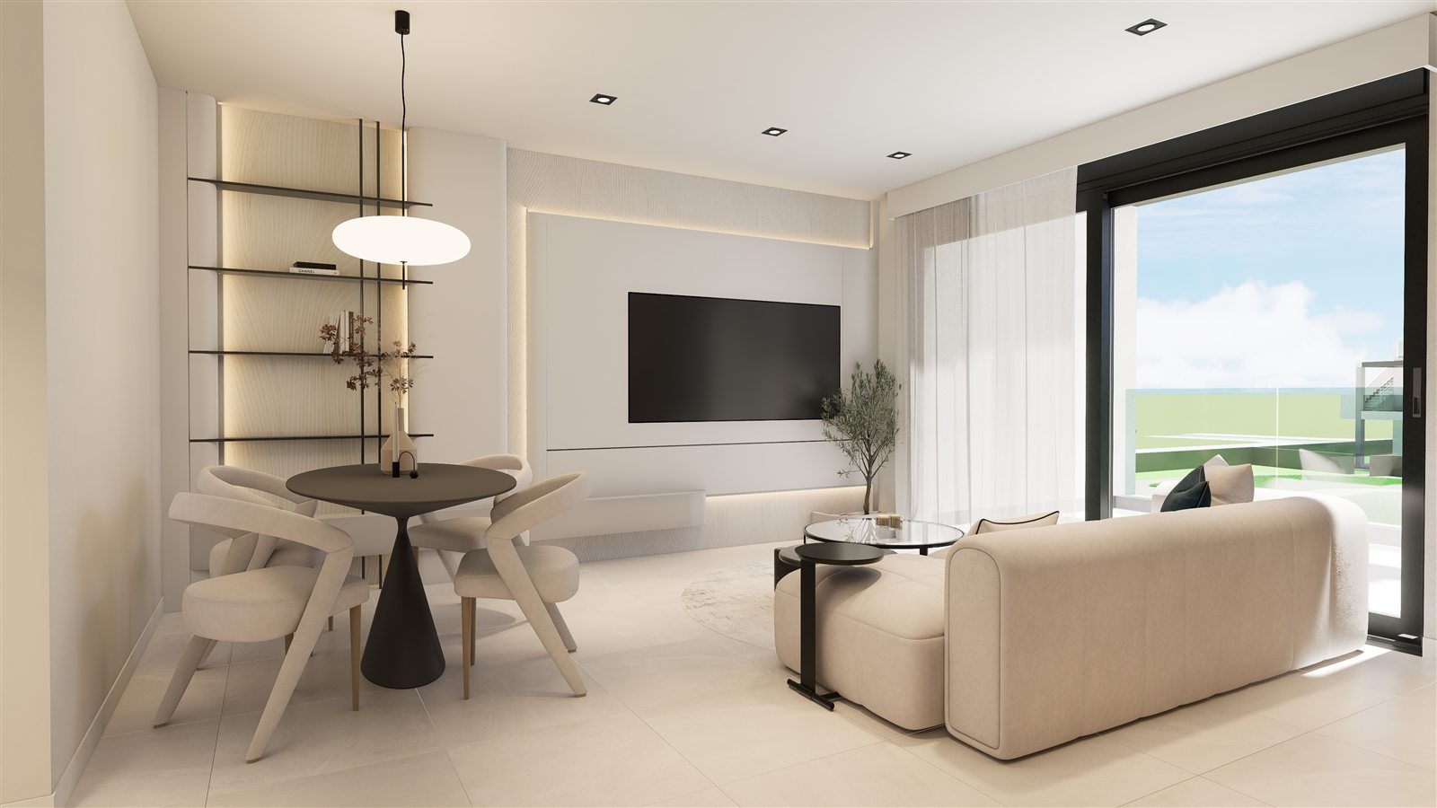 Wohnzimmer mit offenem Grundriss und bodentiefen Fenstern