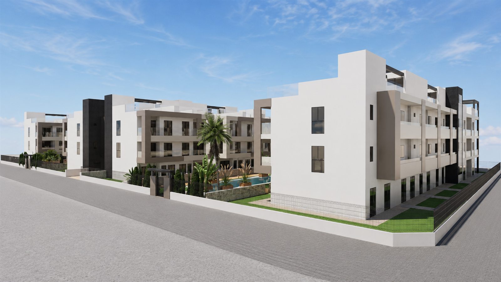 Moderne Fassade der Wohnanlage von der Straße