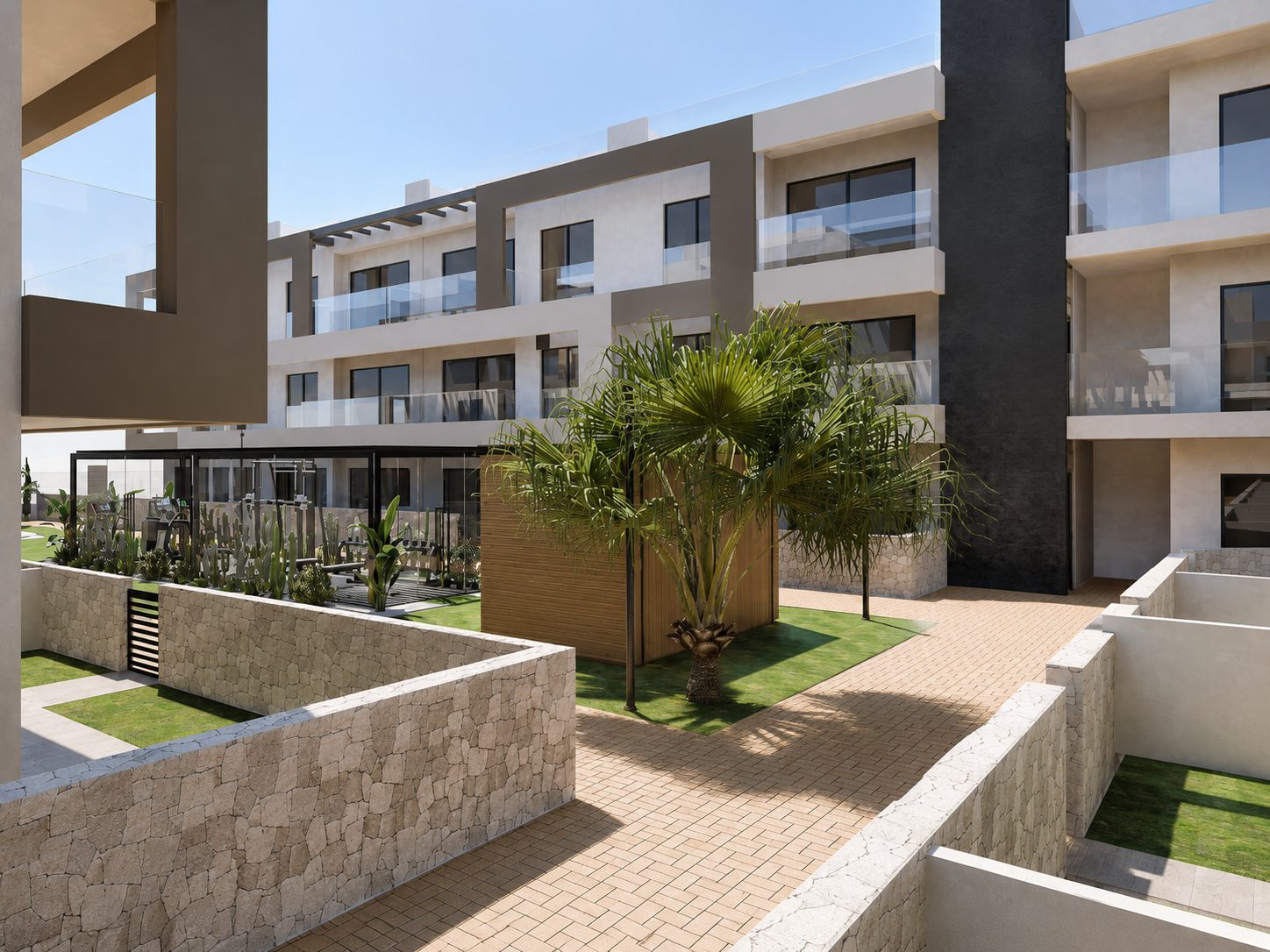 Begrünte Terrassen mit Pergola und Sitzplätzen